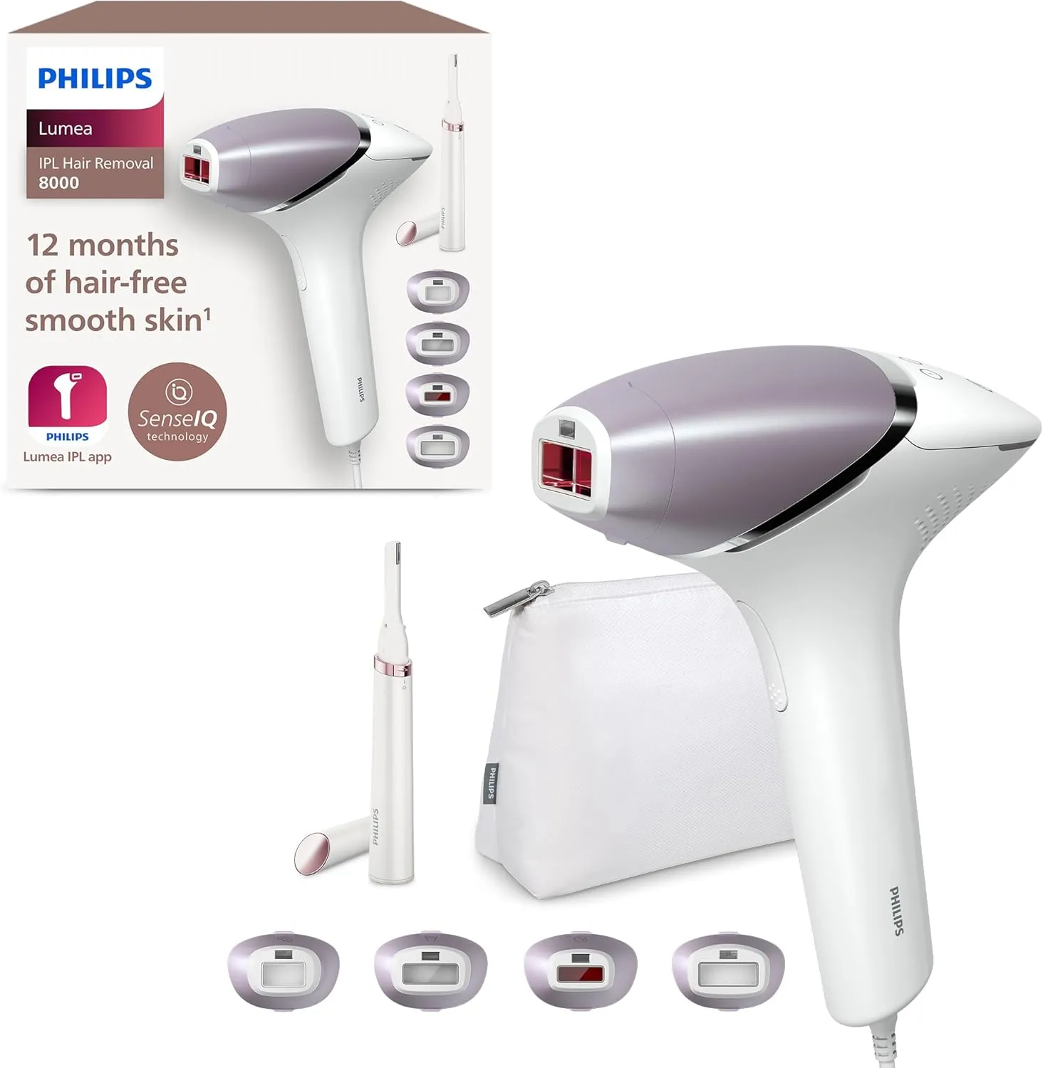 Philips Lumea IPL Haarentfernungsgerät 8000 Series – Haarentfernungsgerät mit SenseIQ Technologie, 4 Aufsätze und Satin Compact Korrekturtrimmer (Modell BRI949/00)