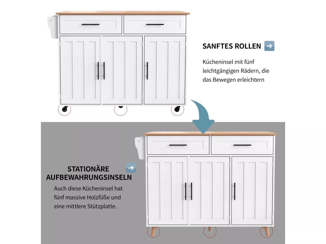 Ilot central de cuisine mobile avec 3 portes et 2 tiroirs - plateau extensible - 129x46/71x91,5 cm - Bois MDF + métal - Blanc + naturel