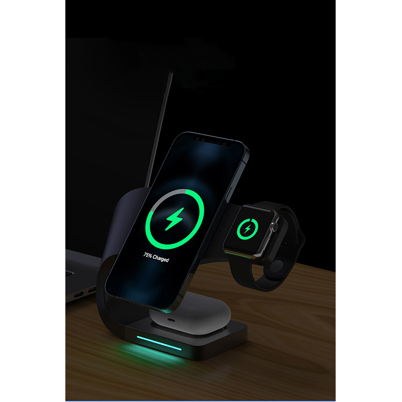 (15W) 4in1 Magnetischer Qi Wireless Charger für Apple Watch / Smartphone / AirPods Dockingstation mit LED Licht - Schwarz