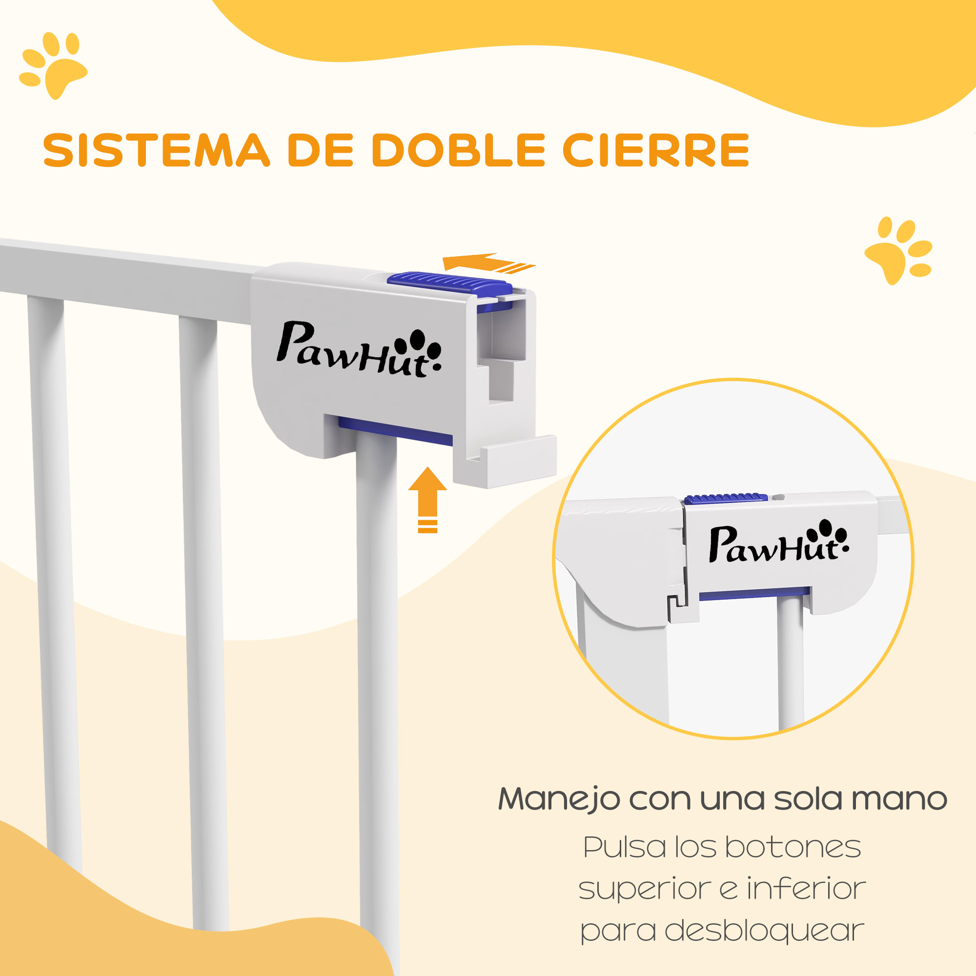 Portão de aço para cães PawHut, cerca dobrável de 3 painéis com trava dupla e função de travamento auxiliar para portas, corredores e escadas, 206 x 90 cm, branco
