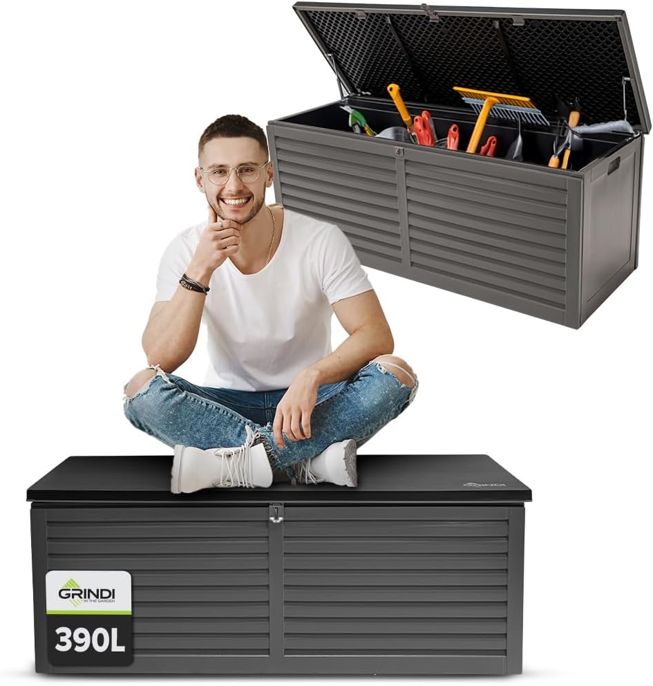 Grindi - Aufbewahrungsbox mit Deckel - Auflagenbox Larus - Gartenbox - Kissenbox 390 L - Outdoor Schrank - Paketbox - Sitzbank mit Stauraum - Gartenhaus - Geräteschuppen - Truhe mit Deckel