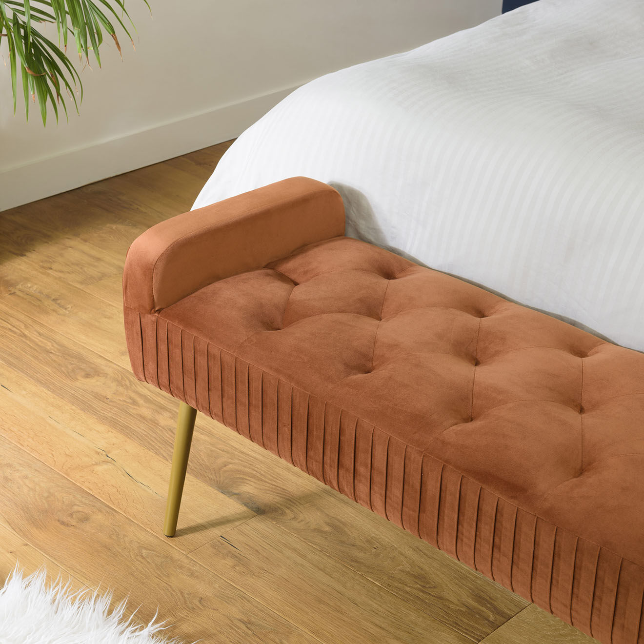 Macabane Banc de lit en velours Albane orange - 103x40x53 cm