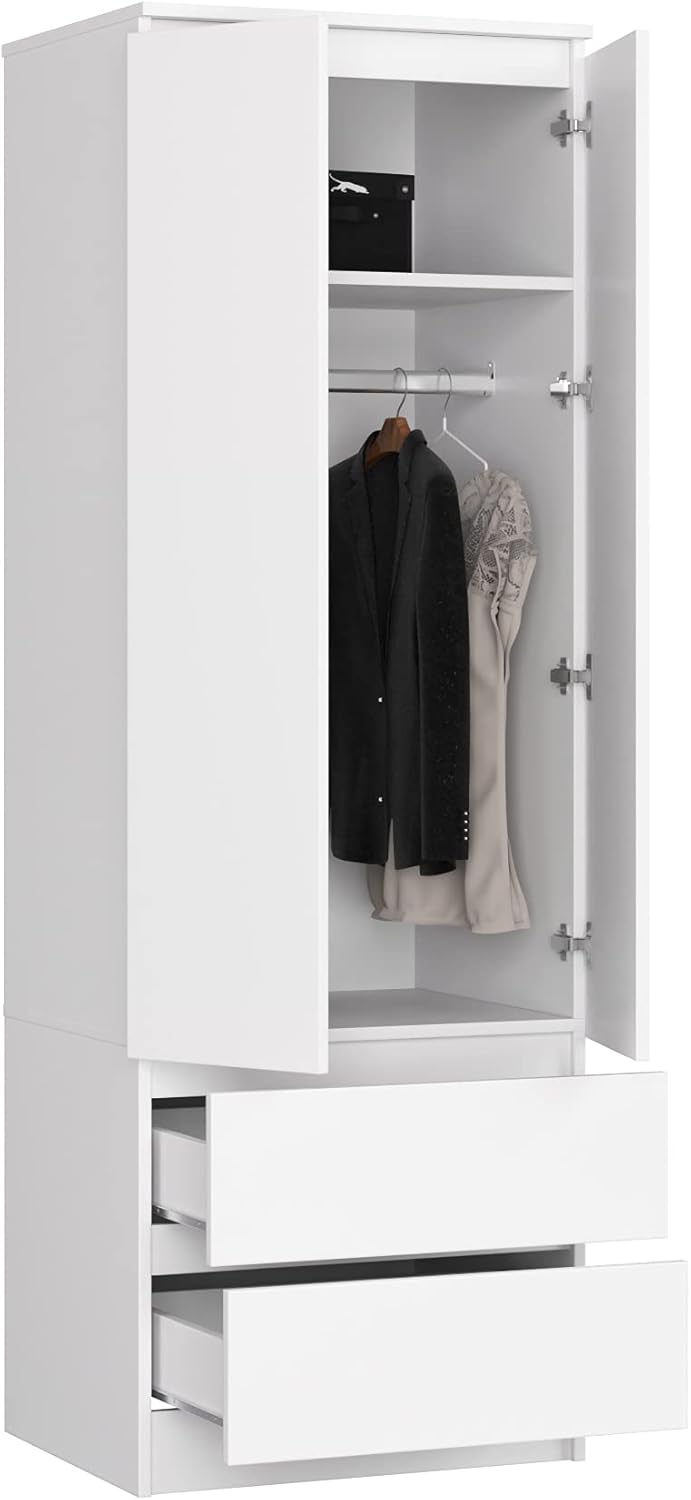 BDW Kleiderschrank mit 2 Türen, 2-türiger Kleiderschrank, 2 Schubladen - Aufbewahrungsschrank - Moderner Schrank für Schlafzimmer, Wohnzimmer, Flur, Kinderzimmer - 180x60x51cm - Weiß