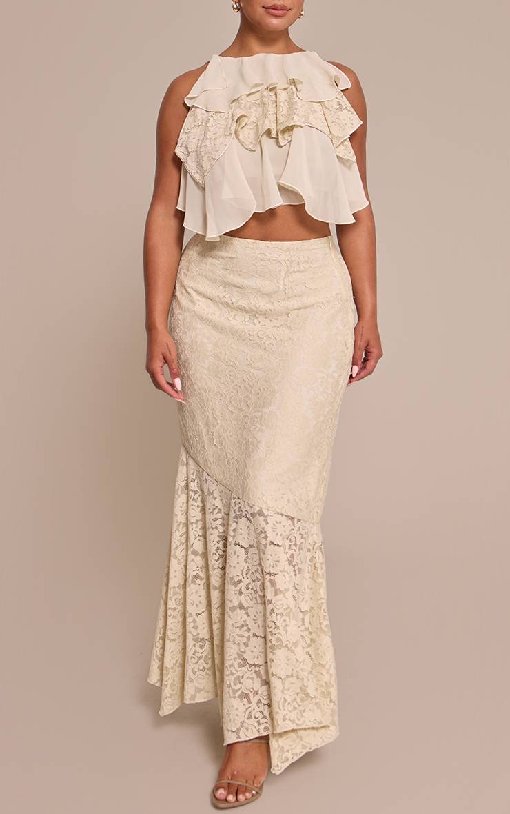 Pale Yellow Jupe Maxi Évasée En Dentelle Crème Beurre Sculptante