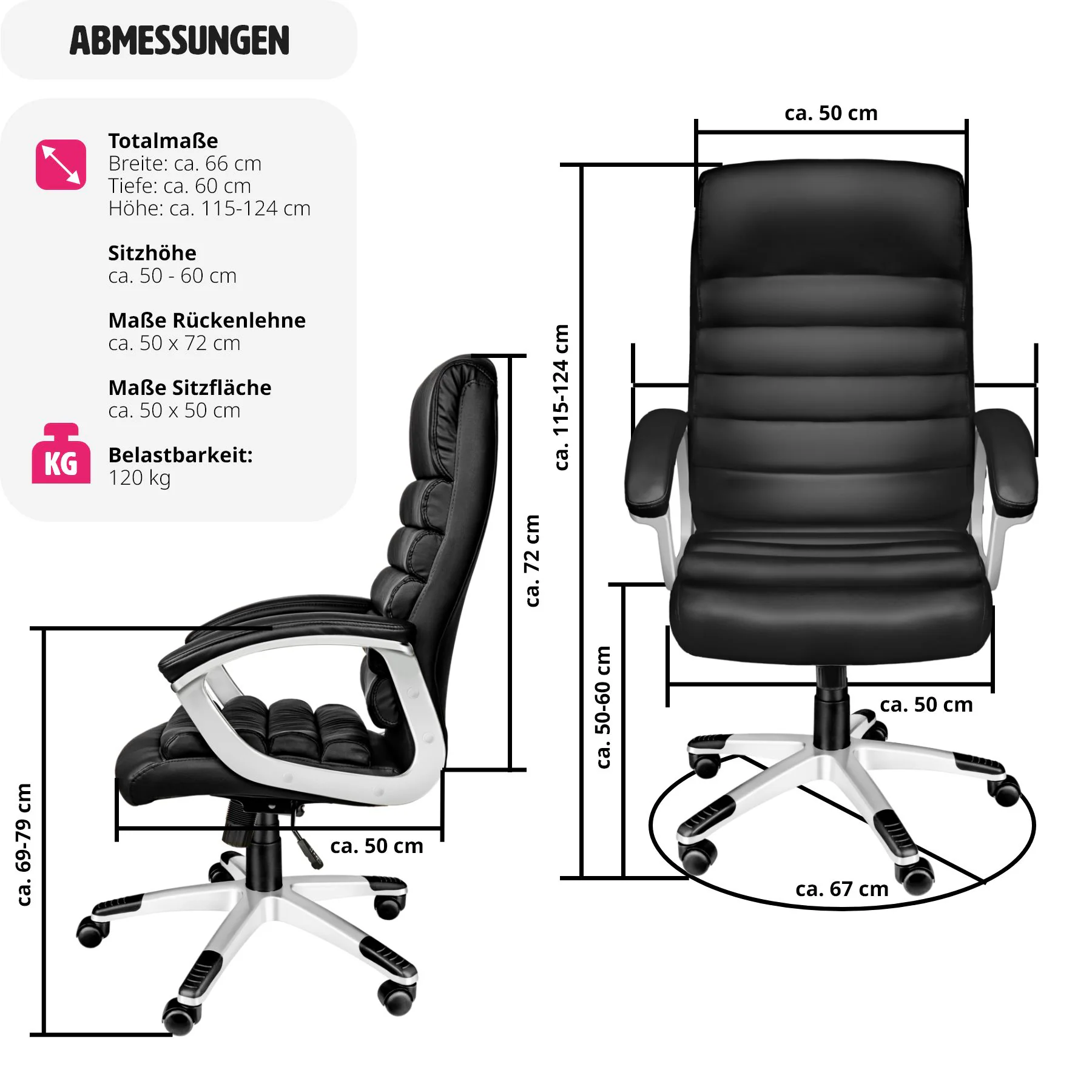 tectake® Bürostuhl, 360° drehbar und stufenlos höhenverstellbar, doppelte Polsterung mit Kunstlederbezug, einstellbare Wippfunktion