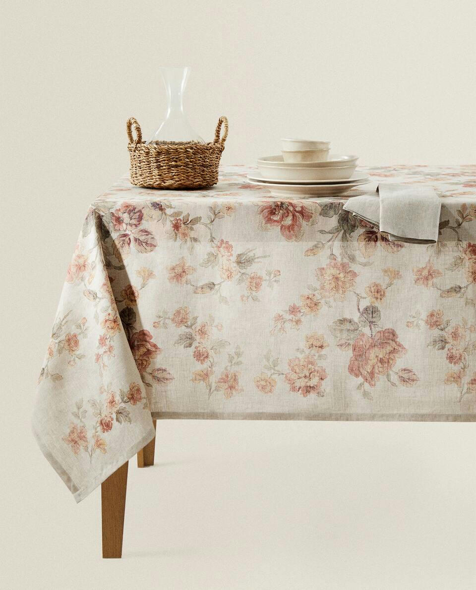 TOALHA DE MESA DE LINHO COM ESTAMPA FLORAL