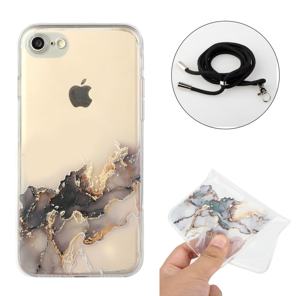 iPhone SE (2022/2020) / 8 / 7 Necklace Gummi Hülle Marmor Look mit Kameraschutz   Handykette (80cm) - Schwarz