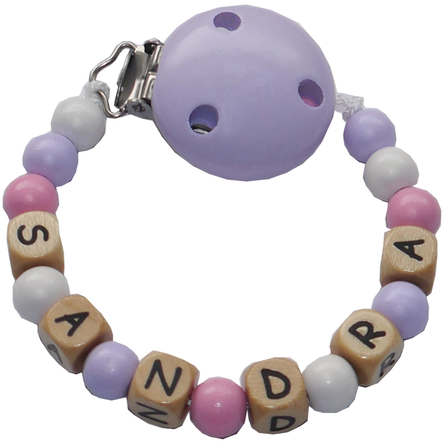 Schnullireich Schnullerkette mit Namen bis 8 Buchstaben (Holz) Flieder