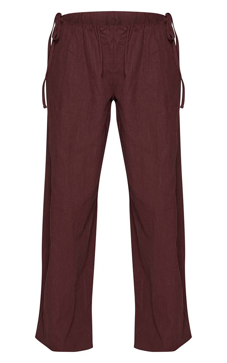 Chocolat Pantalon Large Taille Haute En Lin Premium Avec Détail De Liens Latéraux