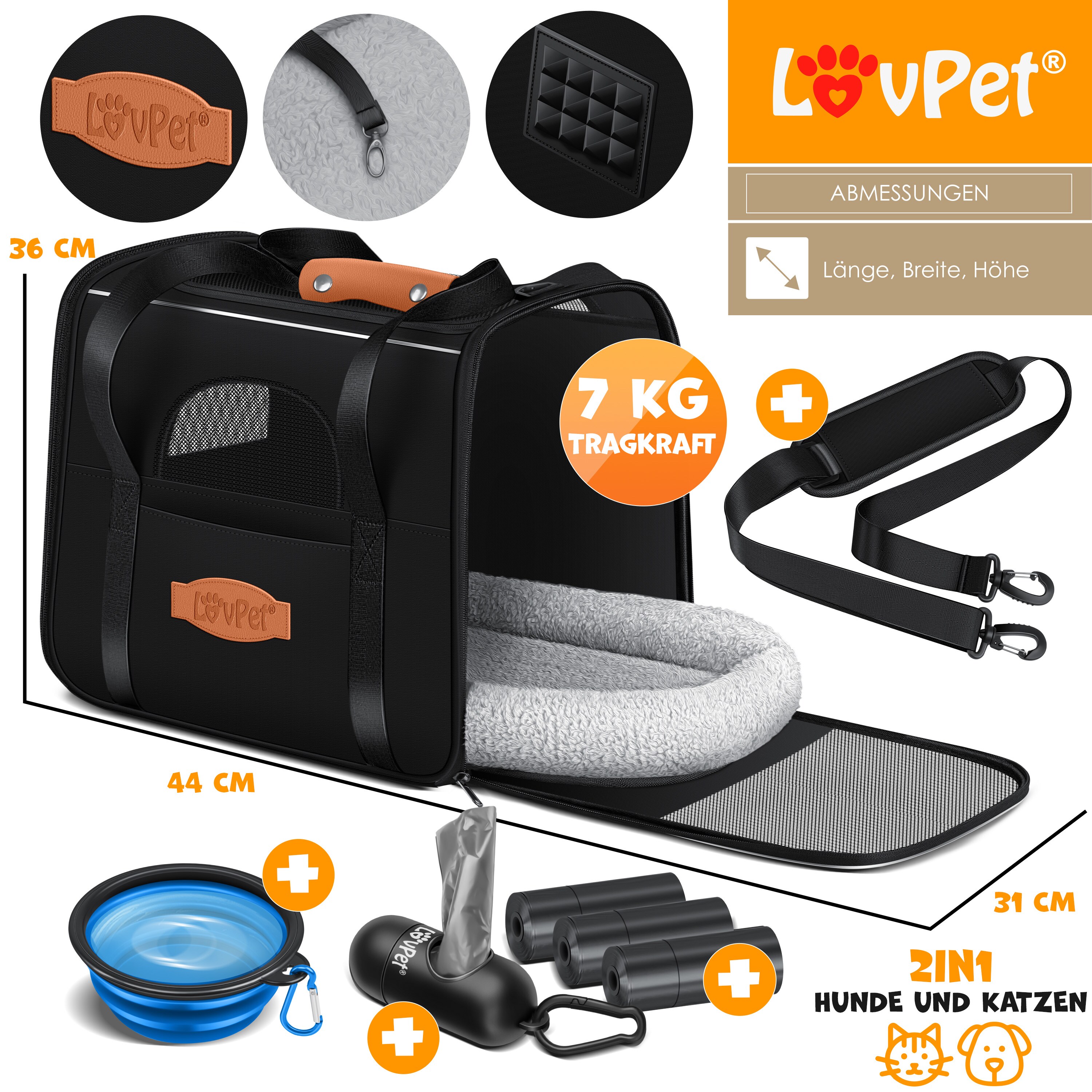 LOVPET® Hundebox Hundetasche Transportbox 2in1 Hunde & Katzentasche Hundetransportbox inkl. Pet-Kissen + 3x Beutelrollen + Napf 44x31x36xm Transporttasche für Haustiere, Haustiertransportbox