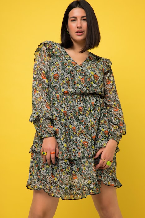 Minikleid, A-Line, Paisley Print, V-Ausschnitt, Volants