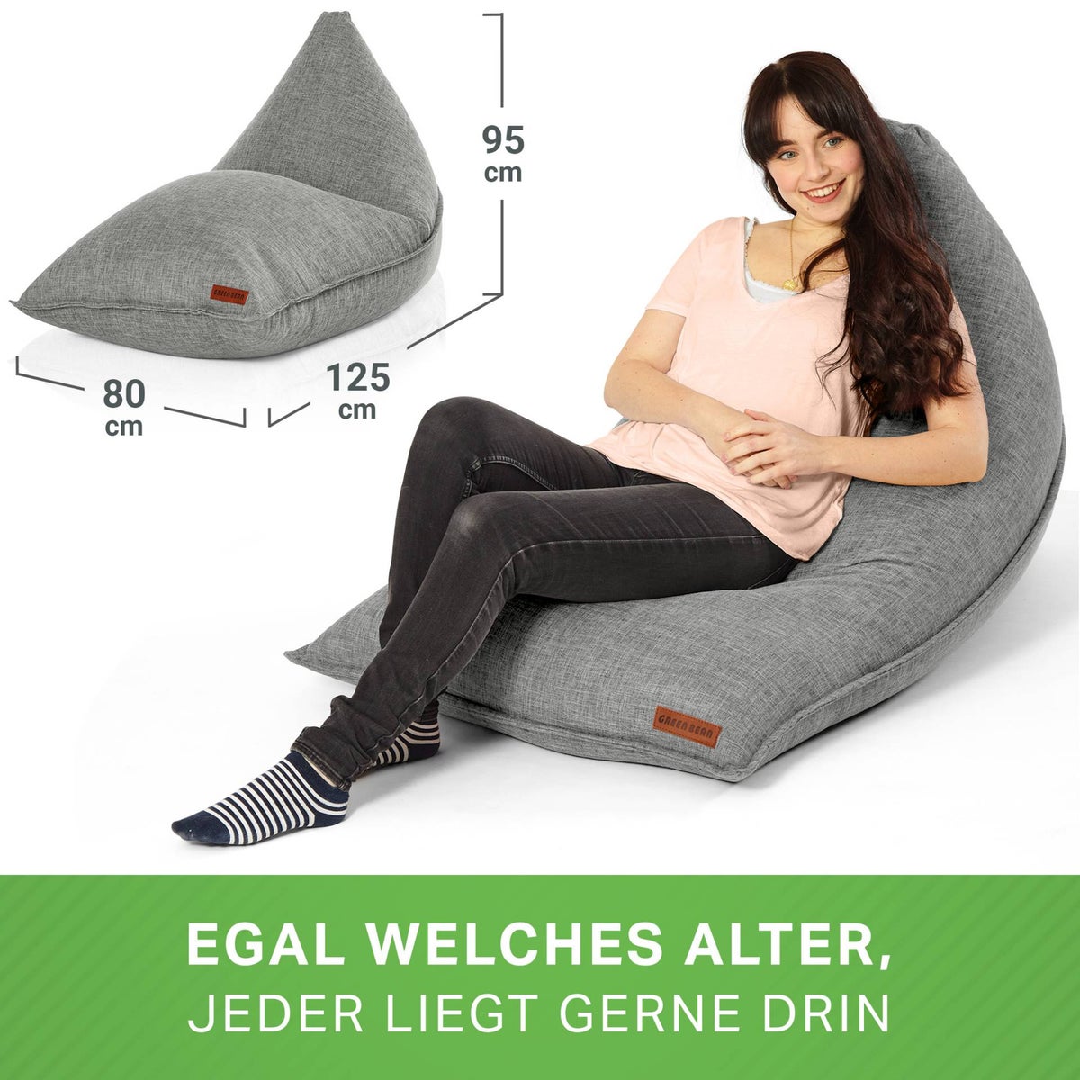 Green Bean Triangle Zitzak 150x100x100cm met 220 liter EPS-korrelvulling - Knuffelzacht en wasbaar - Binnenkussen van stof voor op de vloer, ligstoel en zitkussen - Grijs