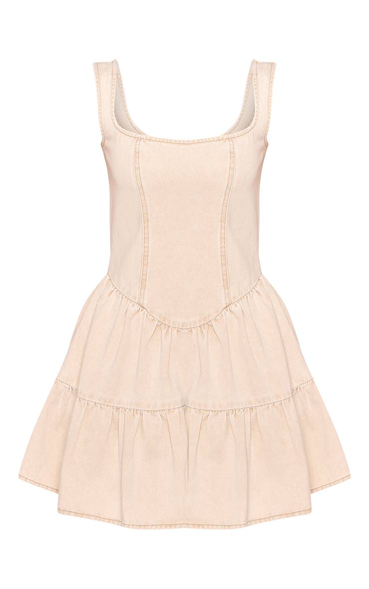 Gris Pierre Robe Courte En Denim Fluide À Encolure Carrée Avec Surpiqûres Contrastées Et Boutonnage Devant Petite