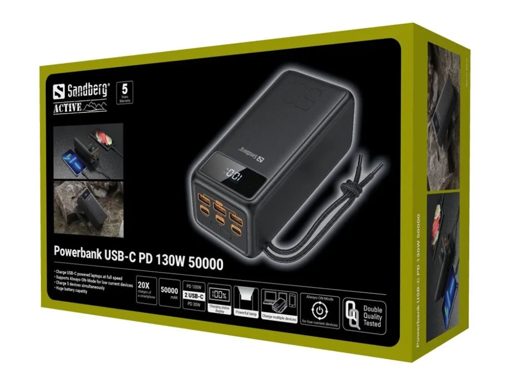 Sandberg Active - Powerbank - 50000 mAh - 185 Wh - 5 A - 3 output-stikforbindelser (USB) - på kabel: USB-C