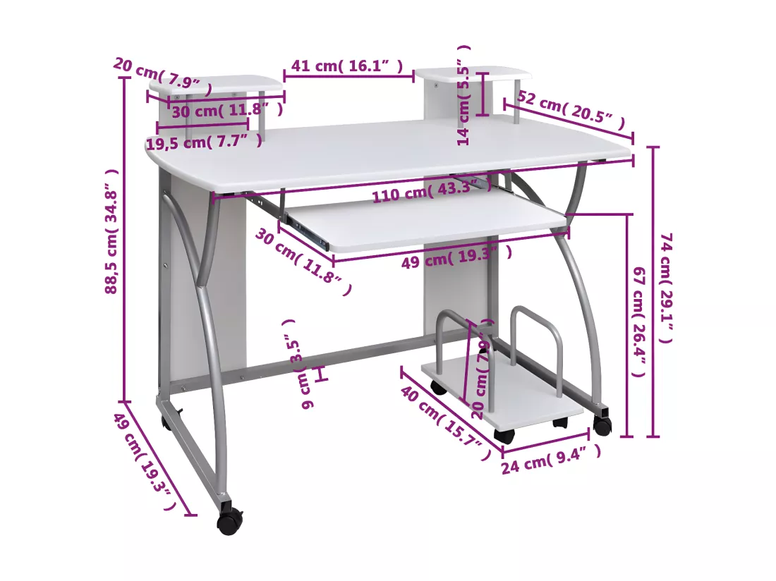 Bureau d'ordinateur Blanc 110x52x88,5 cm Bois d’ingénierie