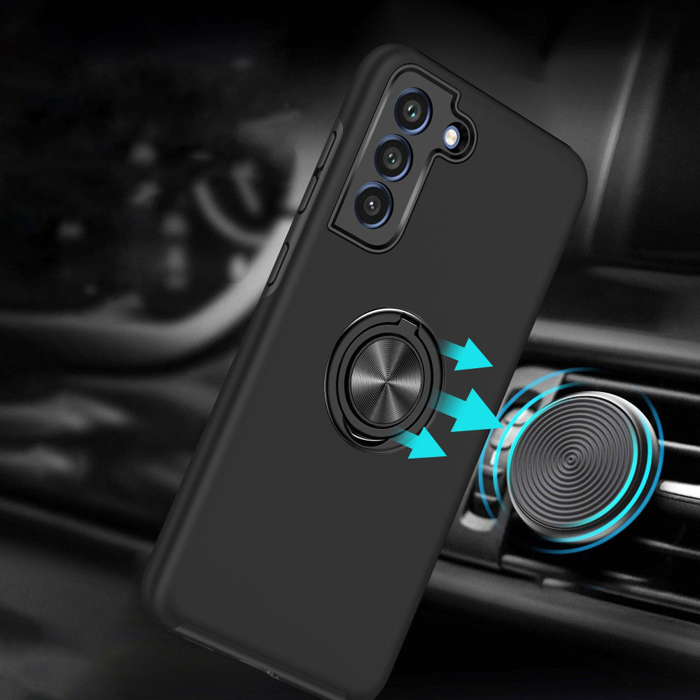 Samsung Galaxy S21 FE 5G Hybrid Hardcase Hülle   Magnetischer Kickstand Haltering - Schwarz (Matt)
