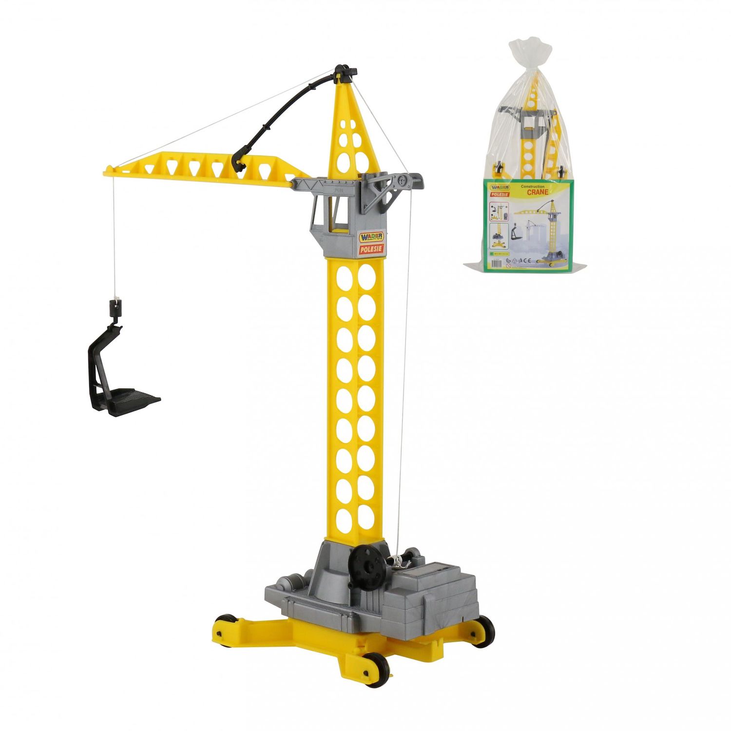 Polesie Spielzeug Baukran 56429, verstellbarer Kranarm, vier Räder, Höhe 51,5 cm gelb