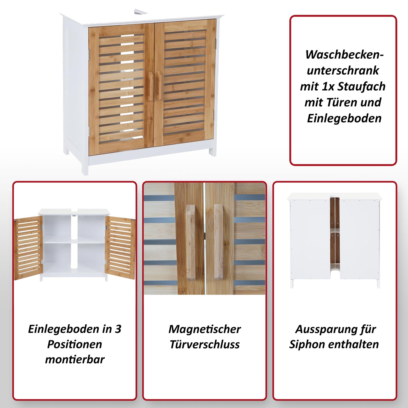 Waschbeckenunterschrank MCW-B41, Badezimmer Unterschrank Badschrank mit Staufach, Bambus MDF 60x60x30cm MVG ~ weiß