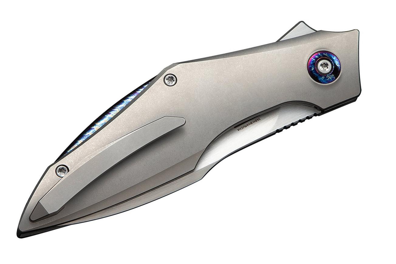 WE Knife Krait Snake WE24084-2 Hand Rubbed Satin Böhler M390, Gray Titanium, Flamed Hardware, zakmes, Tashi Bharucha design