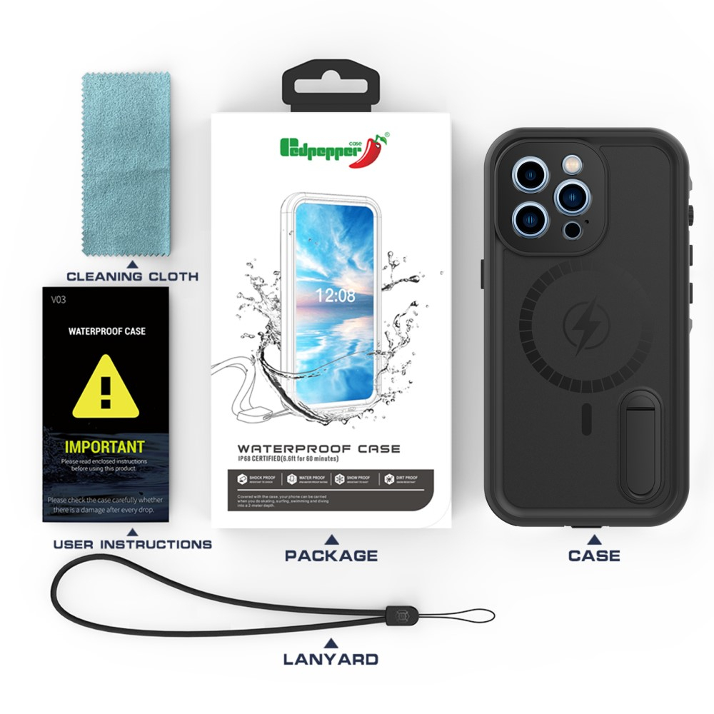 iPhone 13 Pro Wasserfeste MagSafe Outdoor Schutz Hülle mit Aufsteller (IP68) - Schwarz