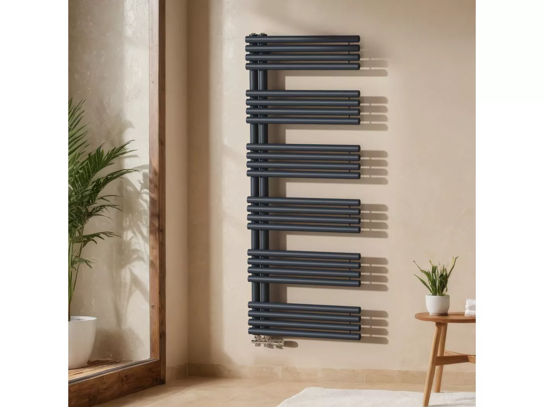EMKE Sèche Serviettes à Eau Chaude pour Salle de Bain, 1660 x 600 mm, Tuyaux Ronds Porte-Serviettes, Chauffe-Serviettes, Anthracite 933W