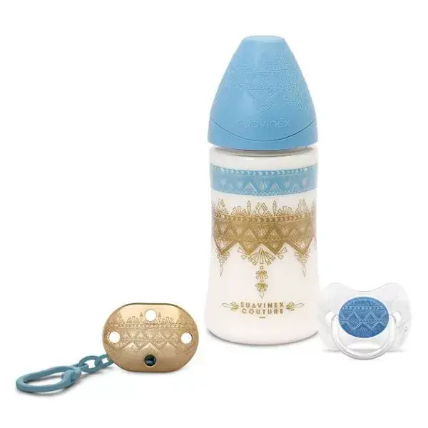 Kit Suavinex Ethnic Couture: Mamadeira de 270ml + Chupeta 0-4 meses + Prendedor de Chupeta, Azul