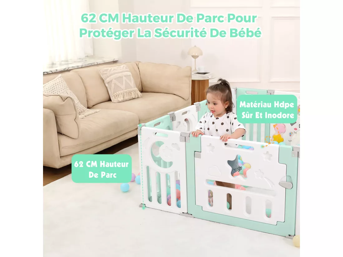 Parc Bébé 12+2 Panneaux,Barrière de Sécurité Portail,Grille de Protection en Plastiqu Ecologiques,150x150x62cm - Vert