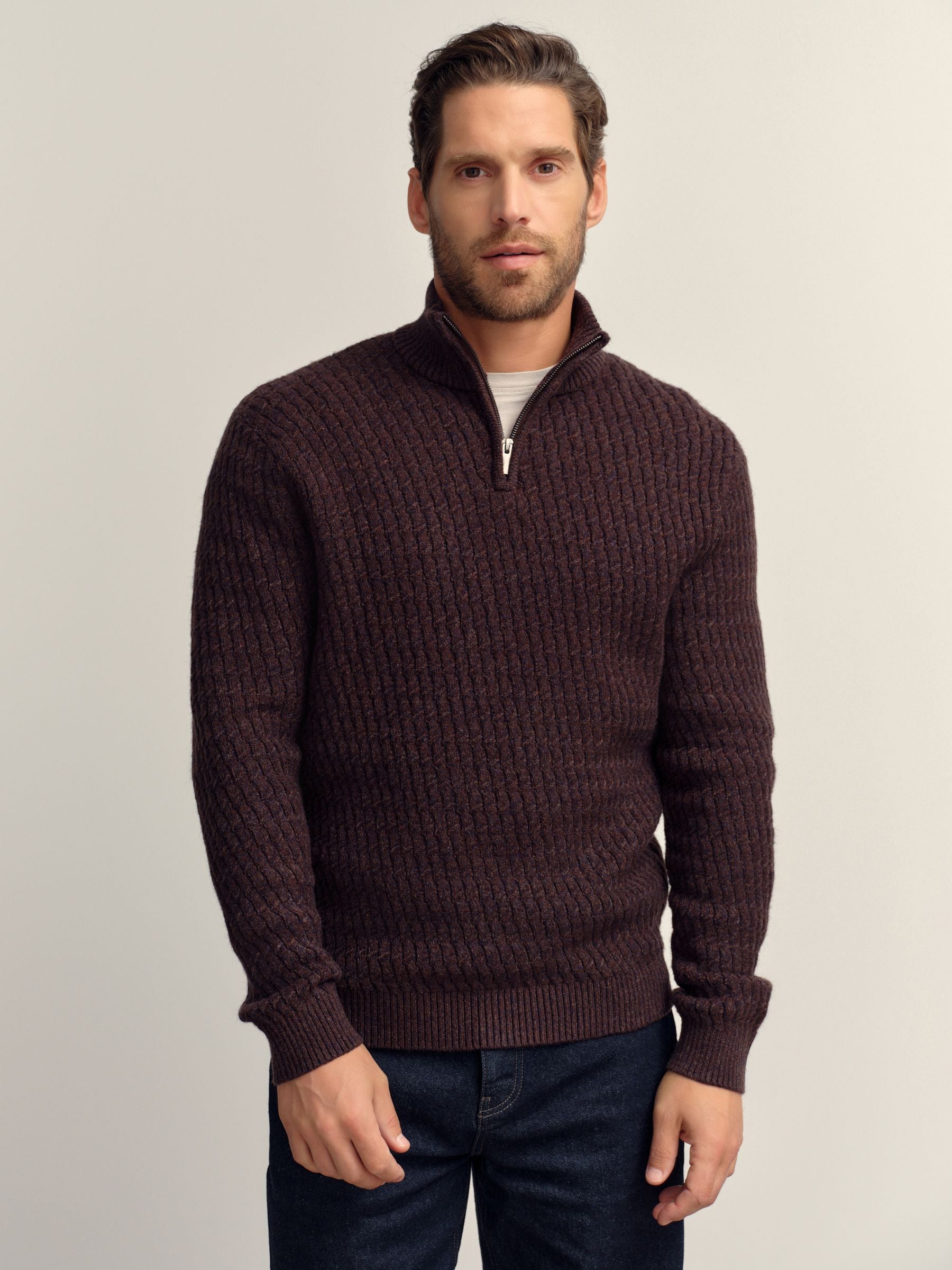 Bruin - Regular Fit getextureerde trui met kwartrits