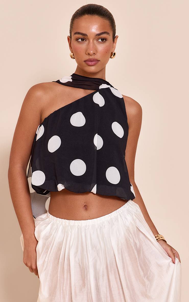 Deep Black Top Ballon Court À Détail Foulard En Mousseline Imprimé À Pois