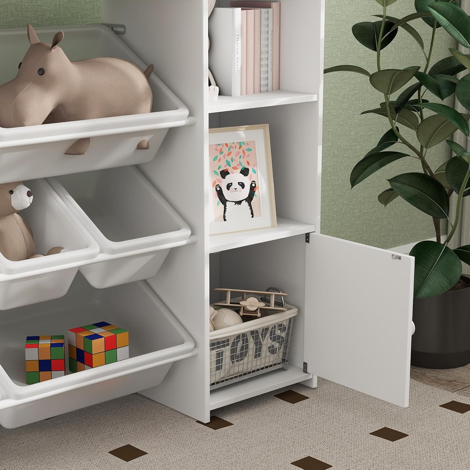 AIYAPLAY Kinderregal, Spielzeugregal Bücherregal mit 8 herausnehmbaren Aufbewahrungsboxen, 4 offenen Fächern, 2 Schrankfächer, für Kinderzimmer, Spielzimmer, Wohnzimmer, 140 x 30 x 90 cm, Weiß