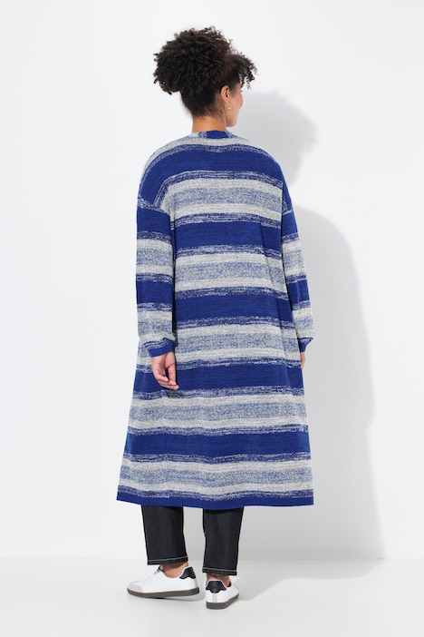 Strickjacke, extra lang, offene Form, Blockstreifen