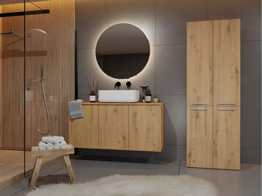 RORY - Armoire de salle de bain avec panier - Dimensions 174x60x30 - Meuble de rangement salle de bain espace buanderie