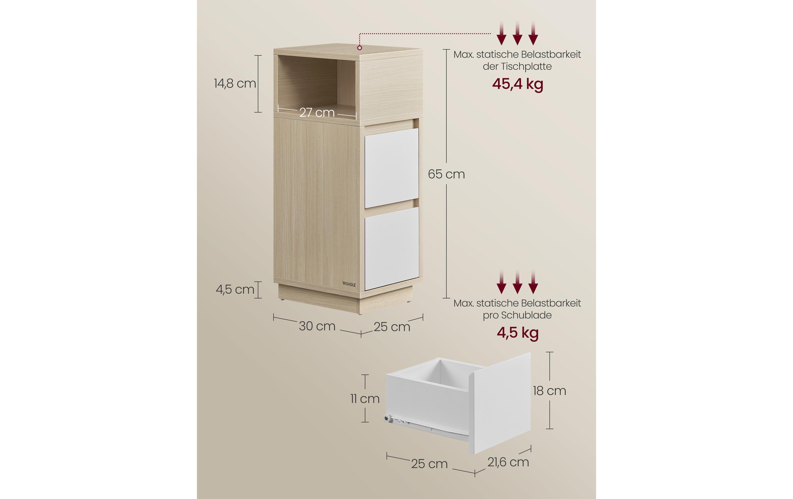 Nachttisch 2er Set 25 x 65 cm, Beige<br>Nachttisch-Set mit je 2 Schubladen