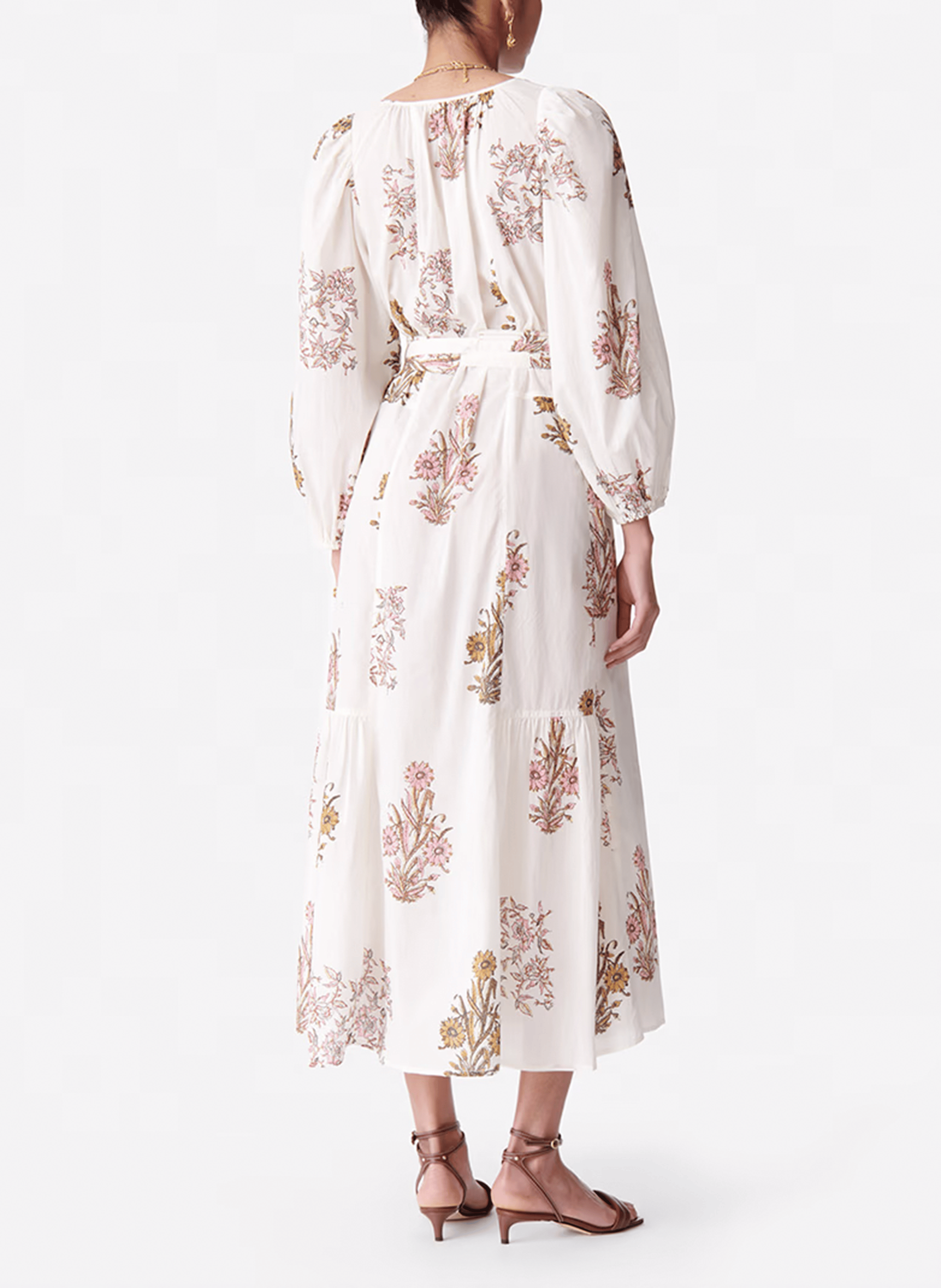 DARABELLE - Robe longue col rond en coton imprimé | Blanc