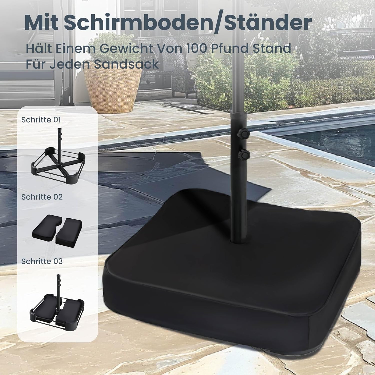PHI VILLA Sonnenschirm Rechteckig mit Ständer Groß 450×270cm für Garten Terrasse Gartenschirm mit LED Kurbel UV Schutz Parasol Windfest