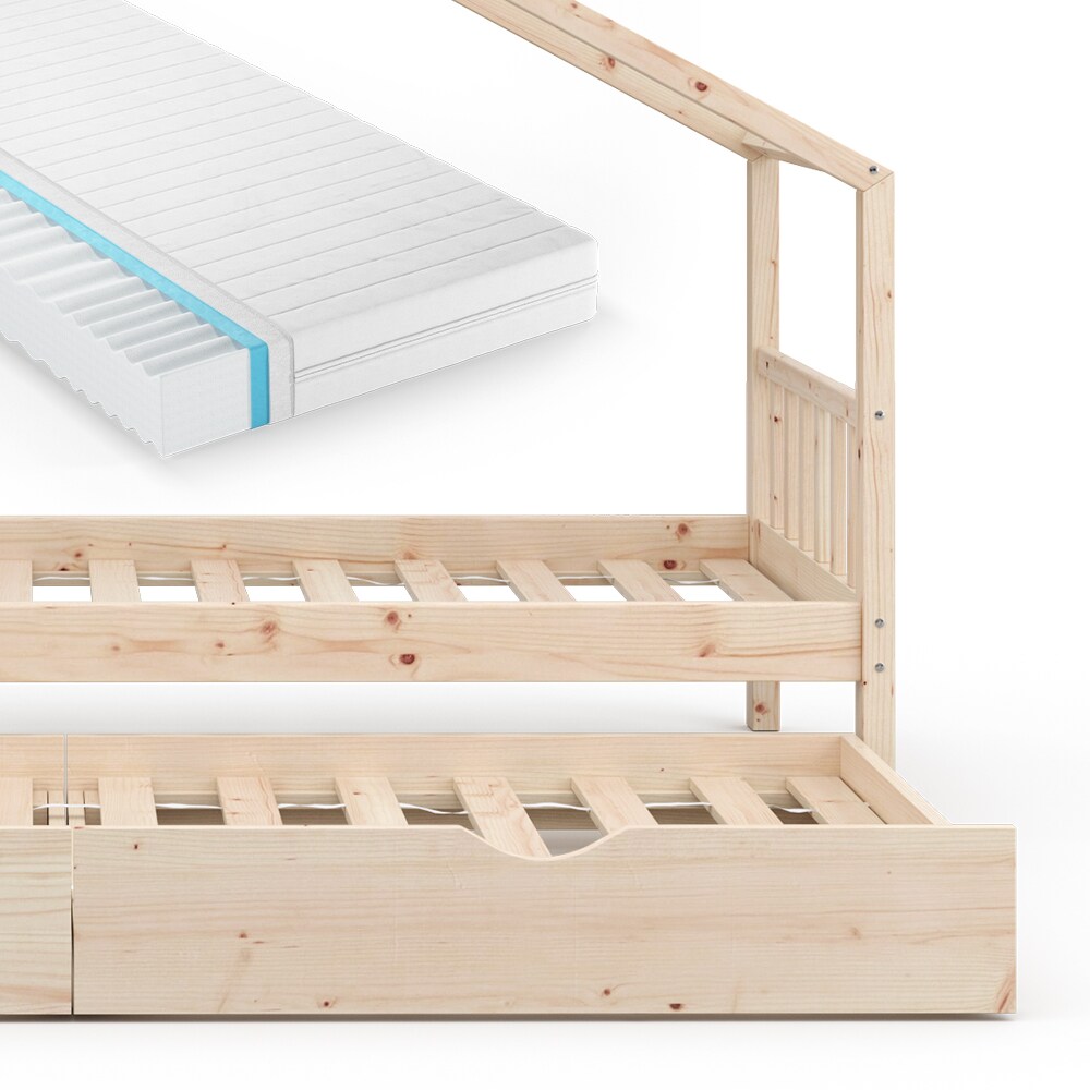 VITALISPA Kinderbett DESIGN Hausbett Gästebett Lattenrost Natur 90x200 Matratze