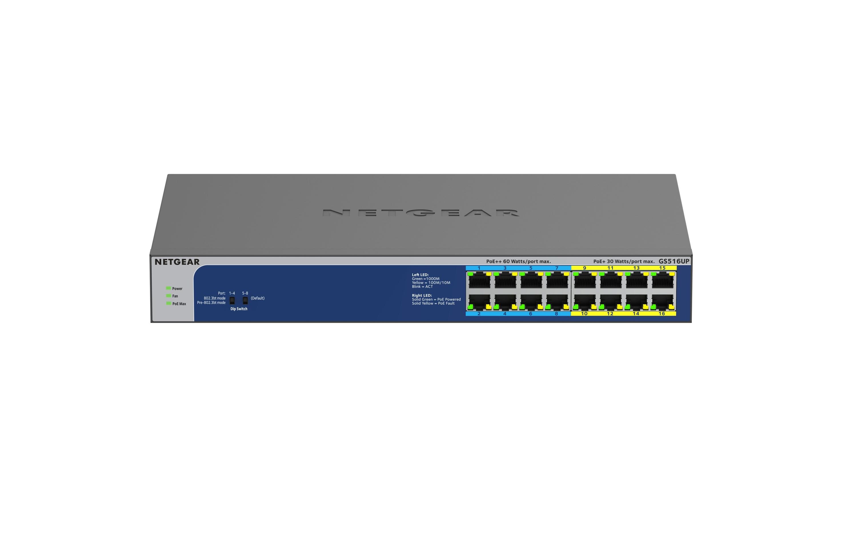 PoE++ Switch GS516UP-100EUS 16 Port<br>Netgear 16-Port Gigabit Ethernet High-Power PoE+ Unmanaged Switch mit PoE++ Ports