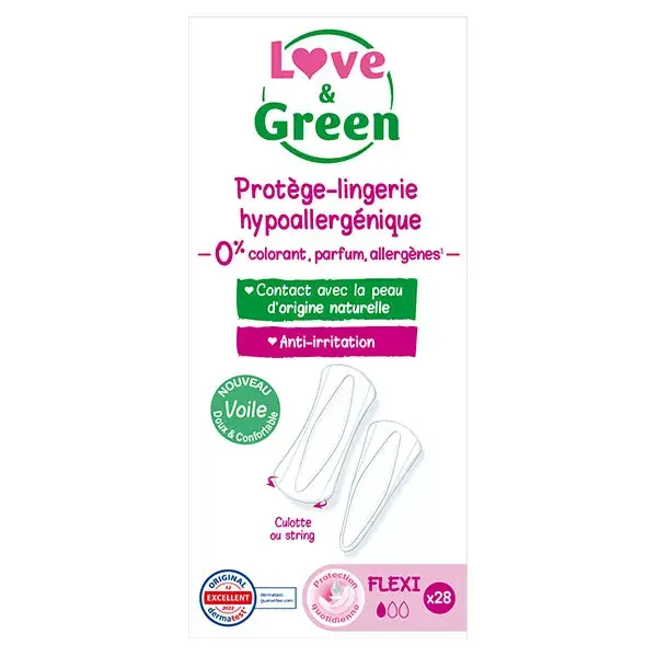 Protetores diários hipoalergênicos flexíveis Love & Green, 28 unidades.