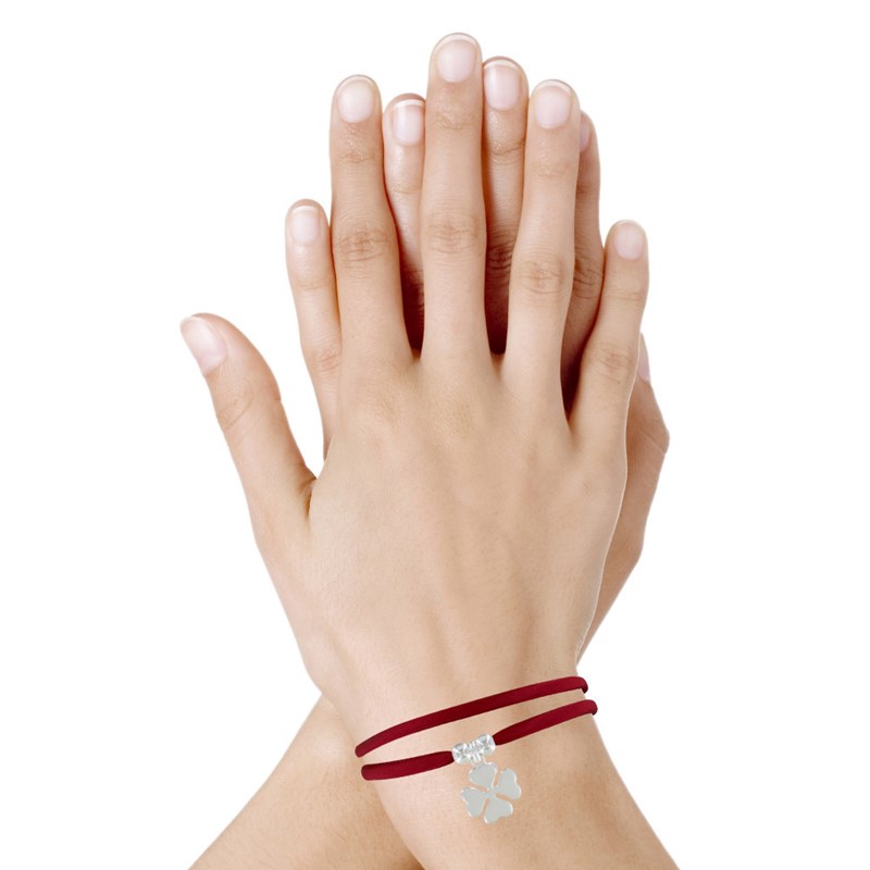Bracelet Double Tour Lien Satin et Trèfle Argent - Rouge