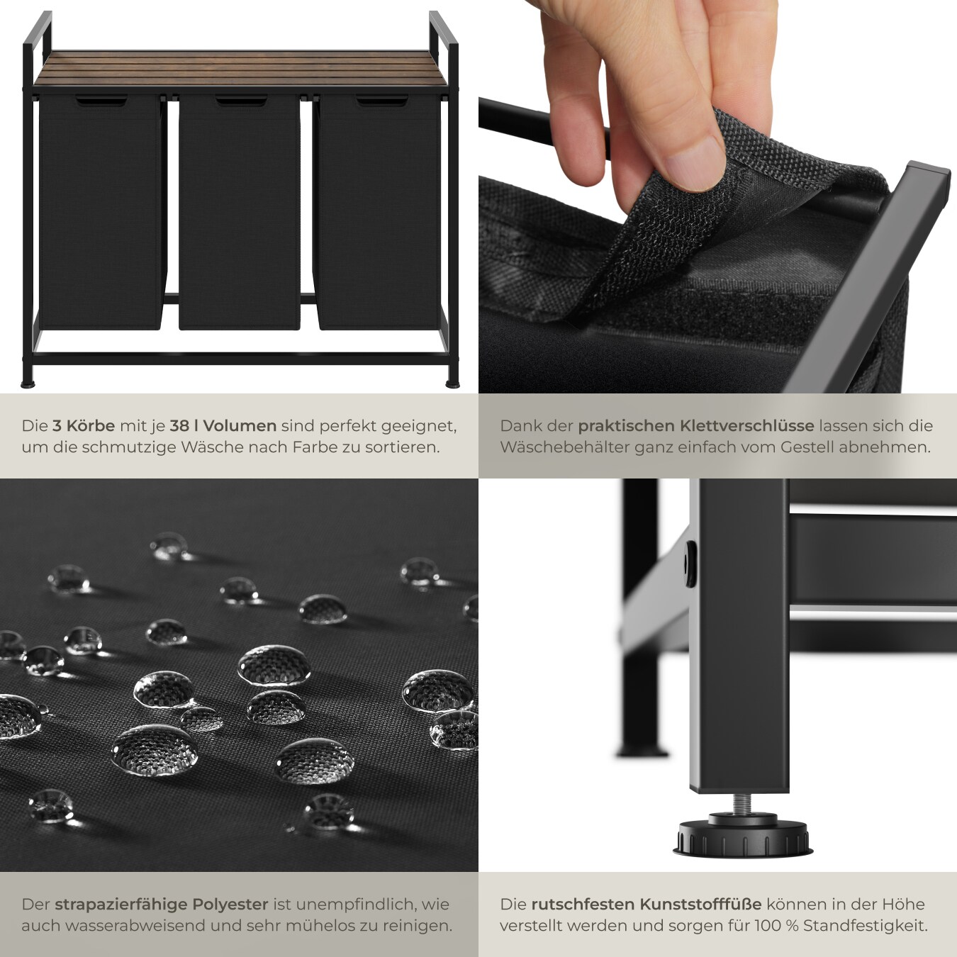 tectake® Wäschesortierer, Industrial-Style, 2 oder 3 ausziehbare Fächer, mit Ablage, höhenverstellbare Kunststofffüße