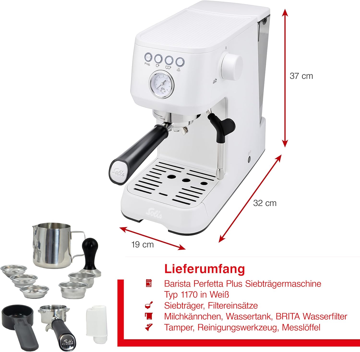 Solis Barista Perfetta Plus weiß (Typ 1170), Siebträgermaschine, 1,7 Liter, Kaffeemaschine, Kaffeeautomat