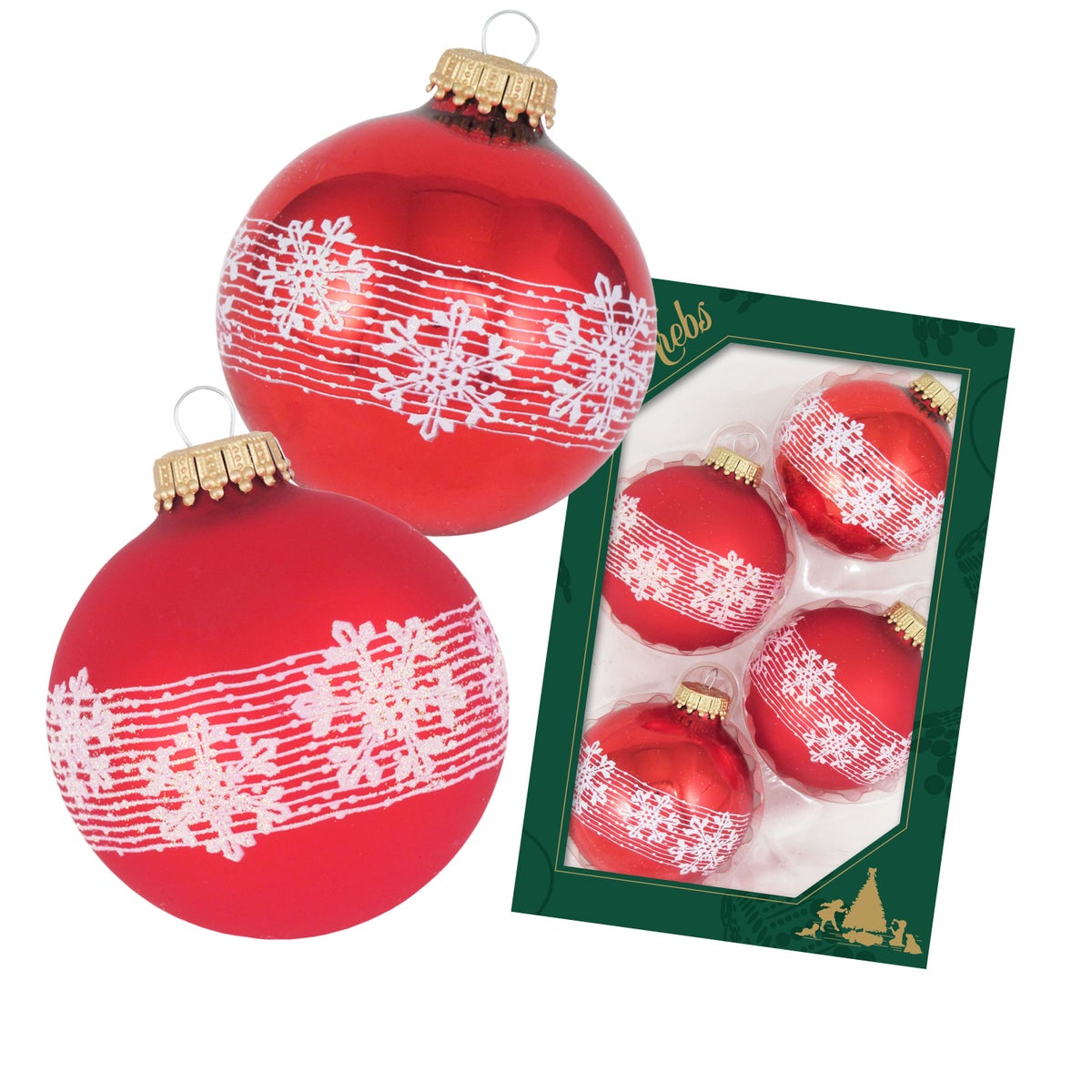 Rode glanzende/matte glazen bal van 7 cm met sneeuwvloklintdecoratie, 4 stuks, kerstballen, kerstversieringen, kerstversieringen voor de kerstboom