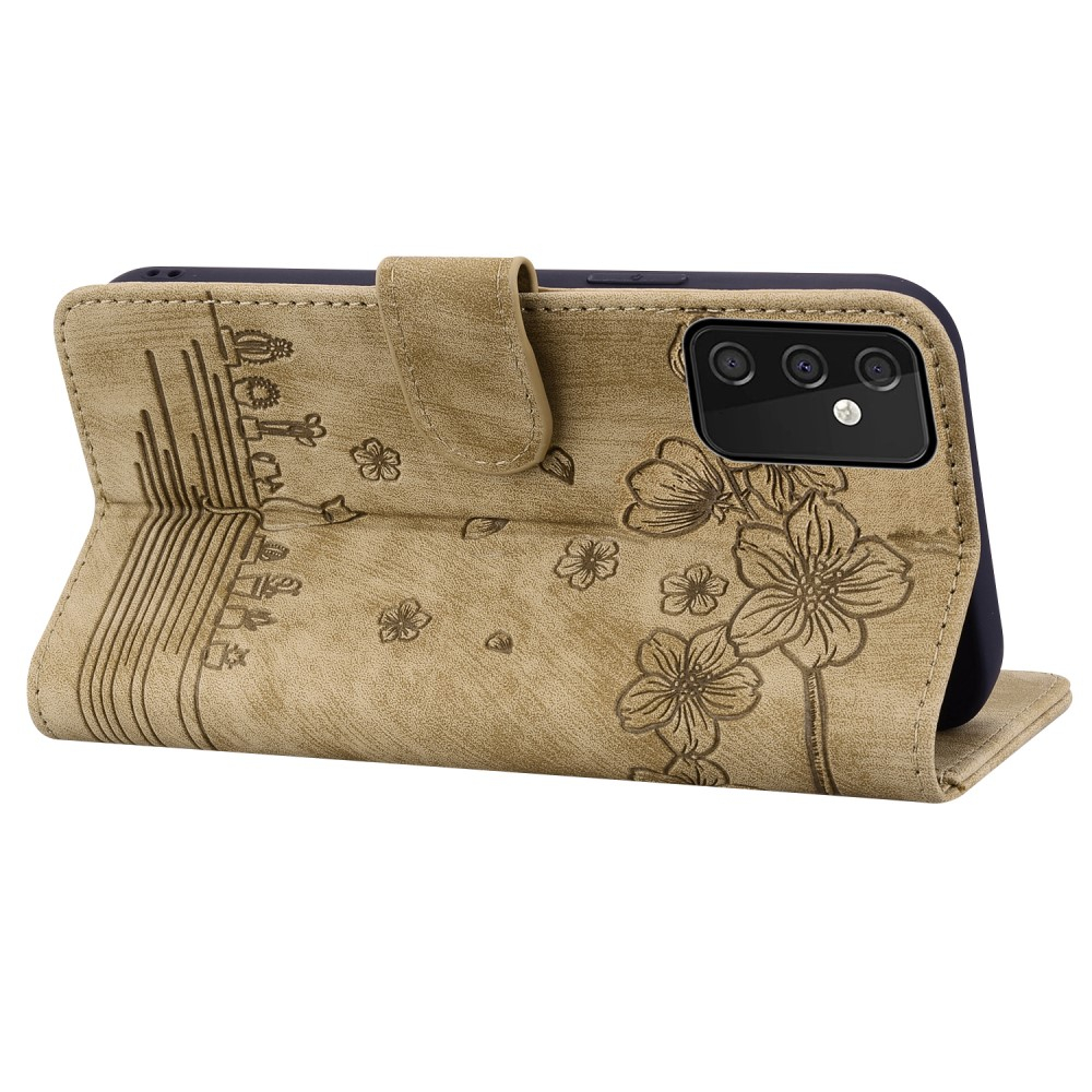 Samsung Galaxy A54 5G Leder Tasche Flip Cover Katze & Blumen Imprint - Braun