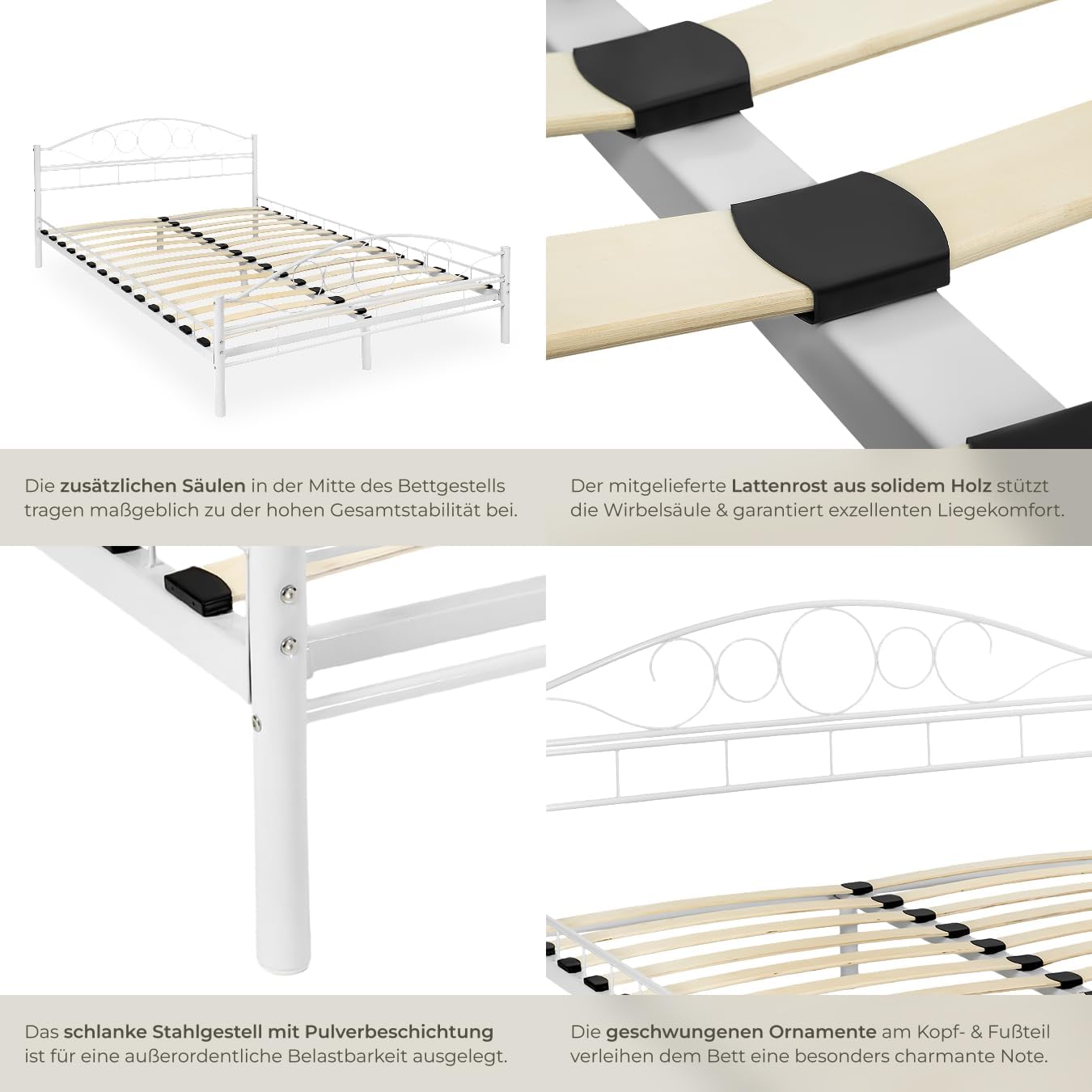 tectake® Metallbett, Bettgestell mit Lattenrost, Einzelbett, Doppelbett aus Metall, Bettrahmen mit Kopfteil Bett für Schlafzimmer, Gästezimmer, Gästebett, Jugendzimmer - 200 x 140 cm, weiß/weiß