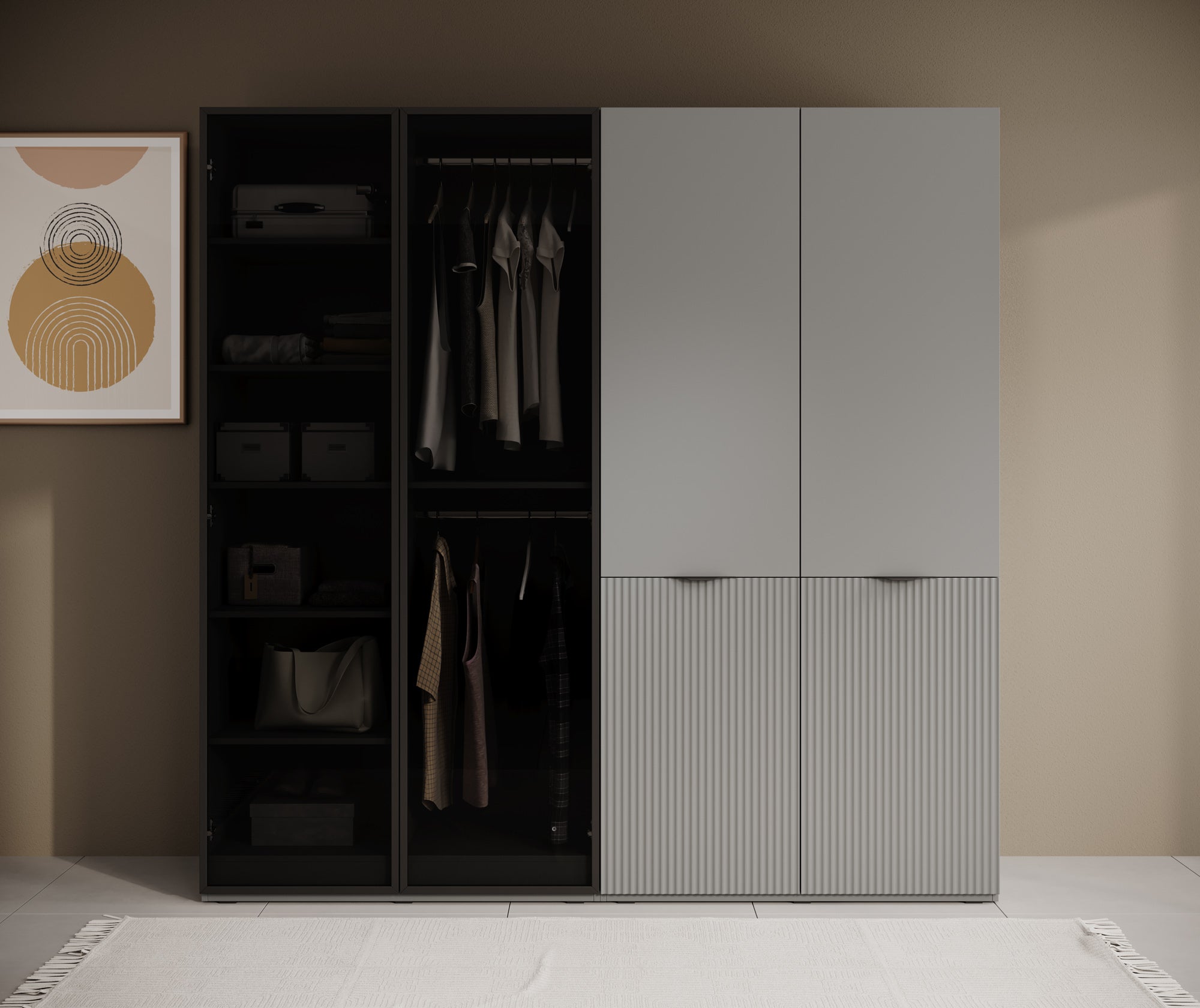 Shelton - Kledingkast 4-deurs van glas - Grijs - 202x51x200 cm