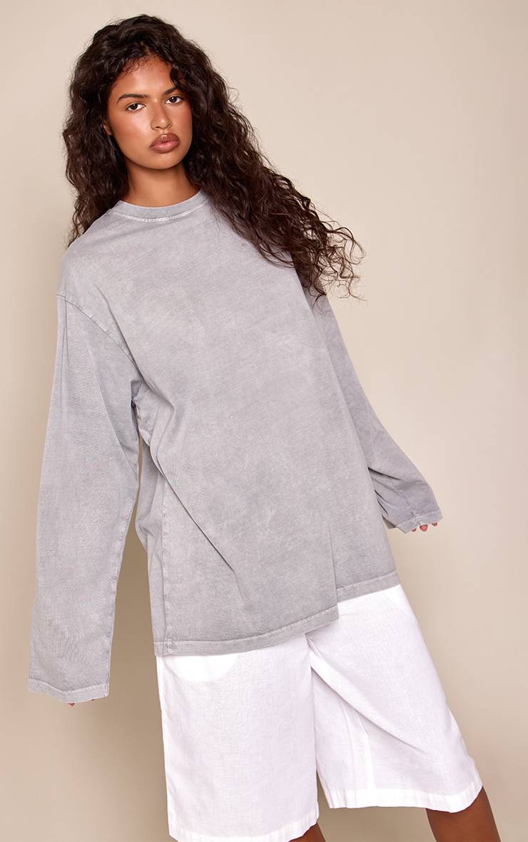Gris T-shirt Oversize En Coton Délavé À L'acide À Manches Longues