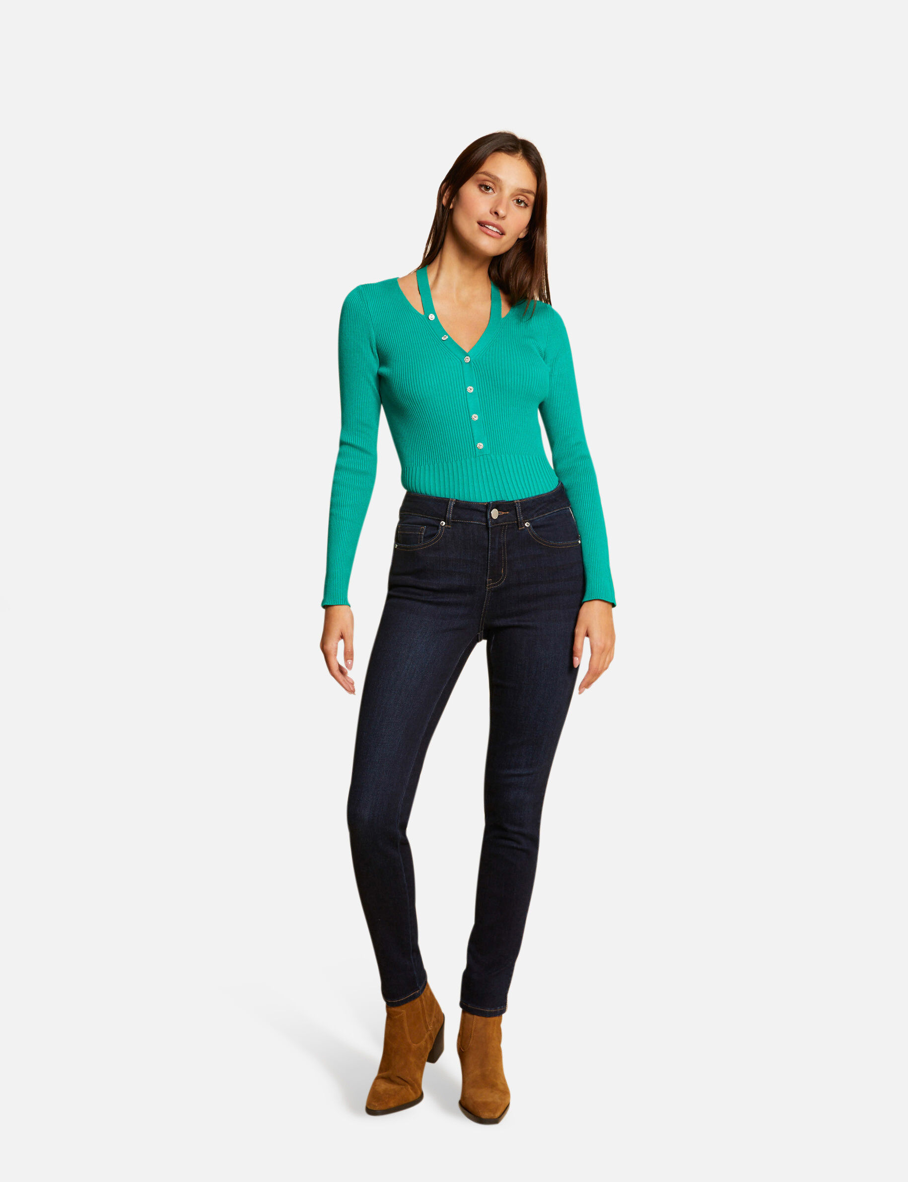 Pull manches longues avec boutons vert moyen femme - vert_moyen