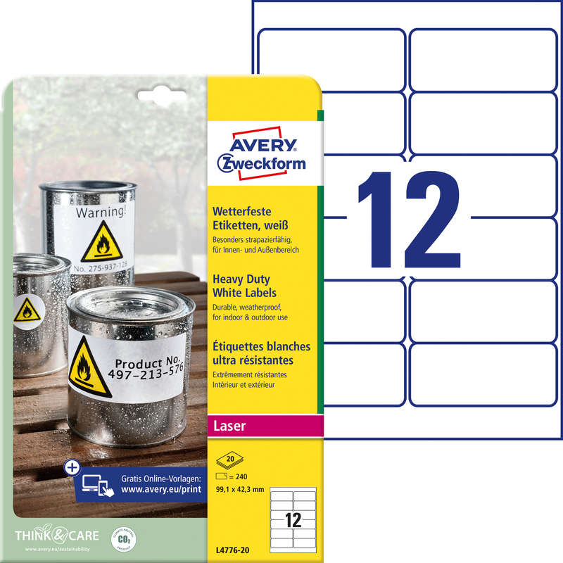 Avery Zweckform Etiketten wetterfest, L4776-20, 99.1 x 42.3 mm, 20 Blatt