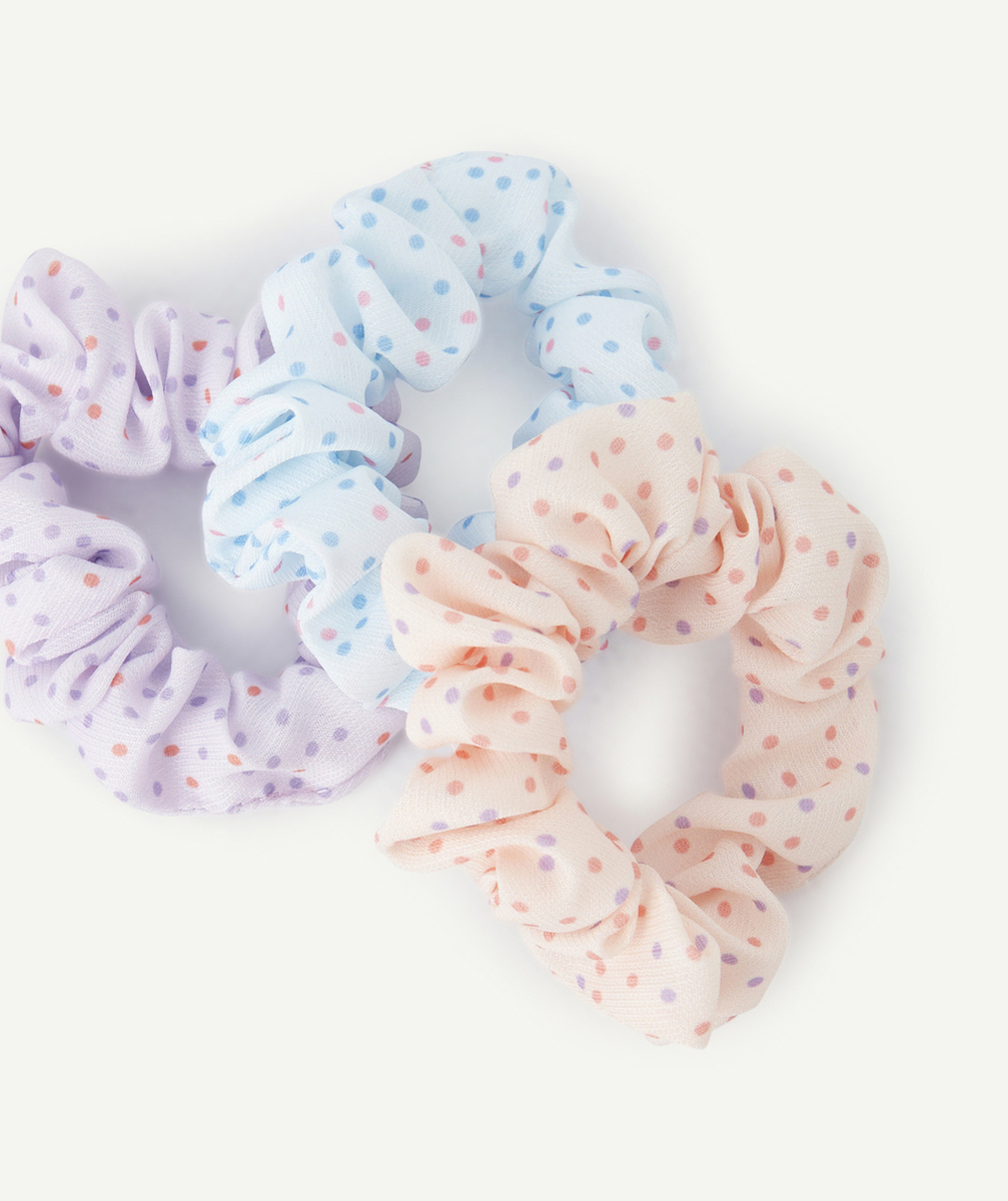 LOT DE 3 CHOUCHOUS FILLE IMPRIMÉS POIS BLEU VIOLET ET ORANGE PASTEL