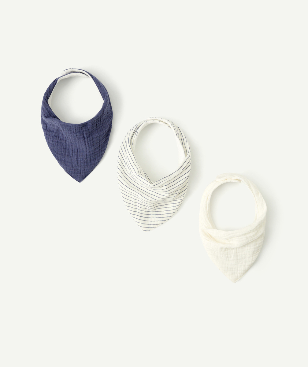 LOT DE 3 BAVOIRS BÉBÉ EN COTON STYLE BANDANAS BLEU ET BLANC